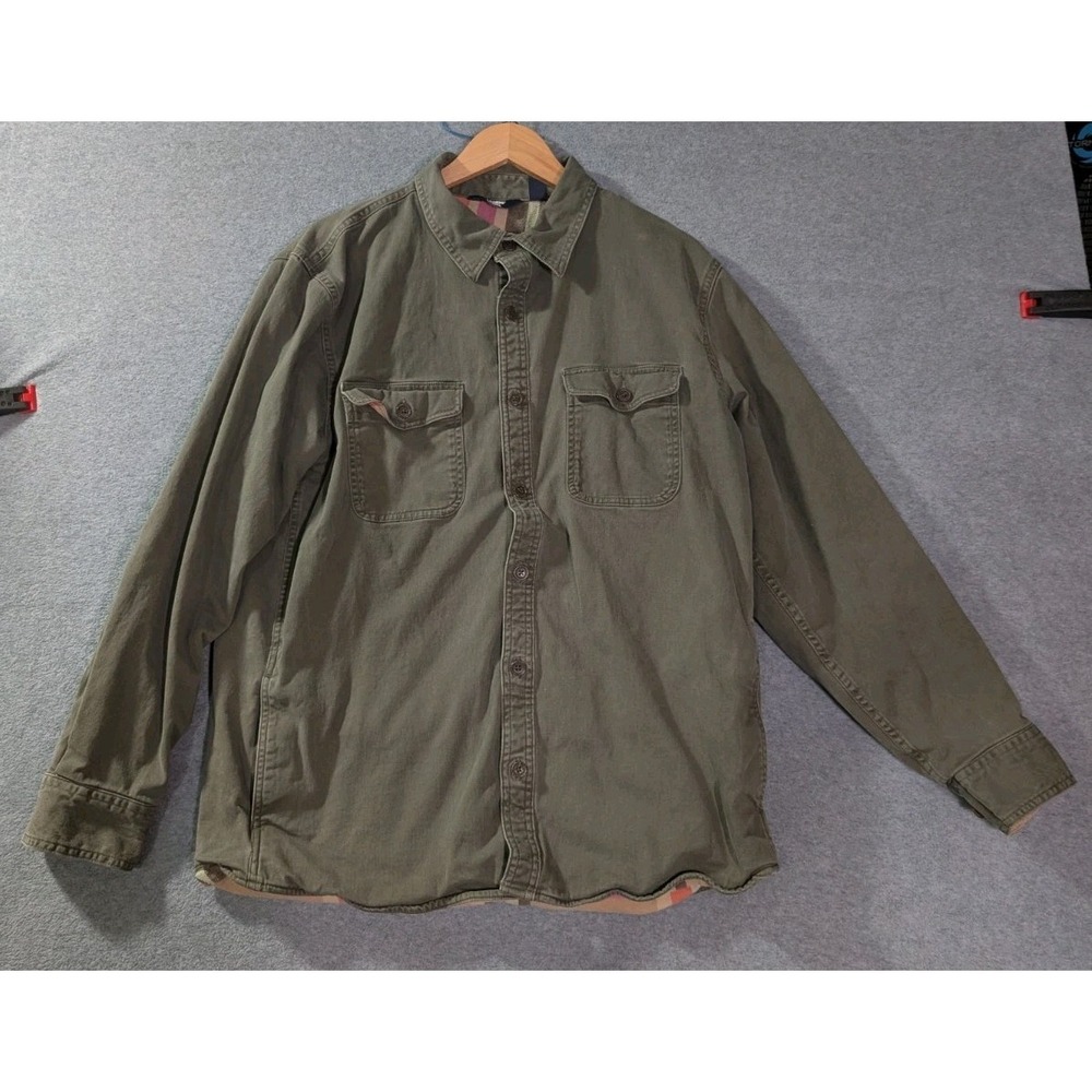 Lands' End Canvas Shacket Chore Jacket Mens Large Plaid Lined Forest Moss Green